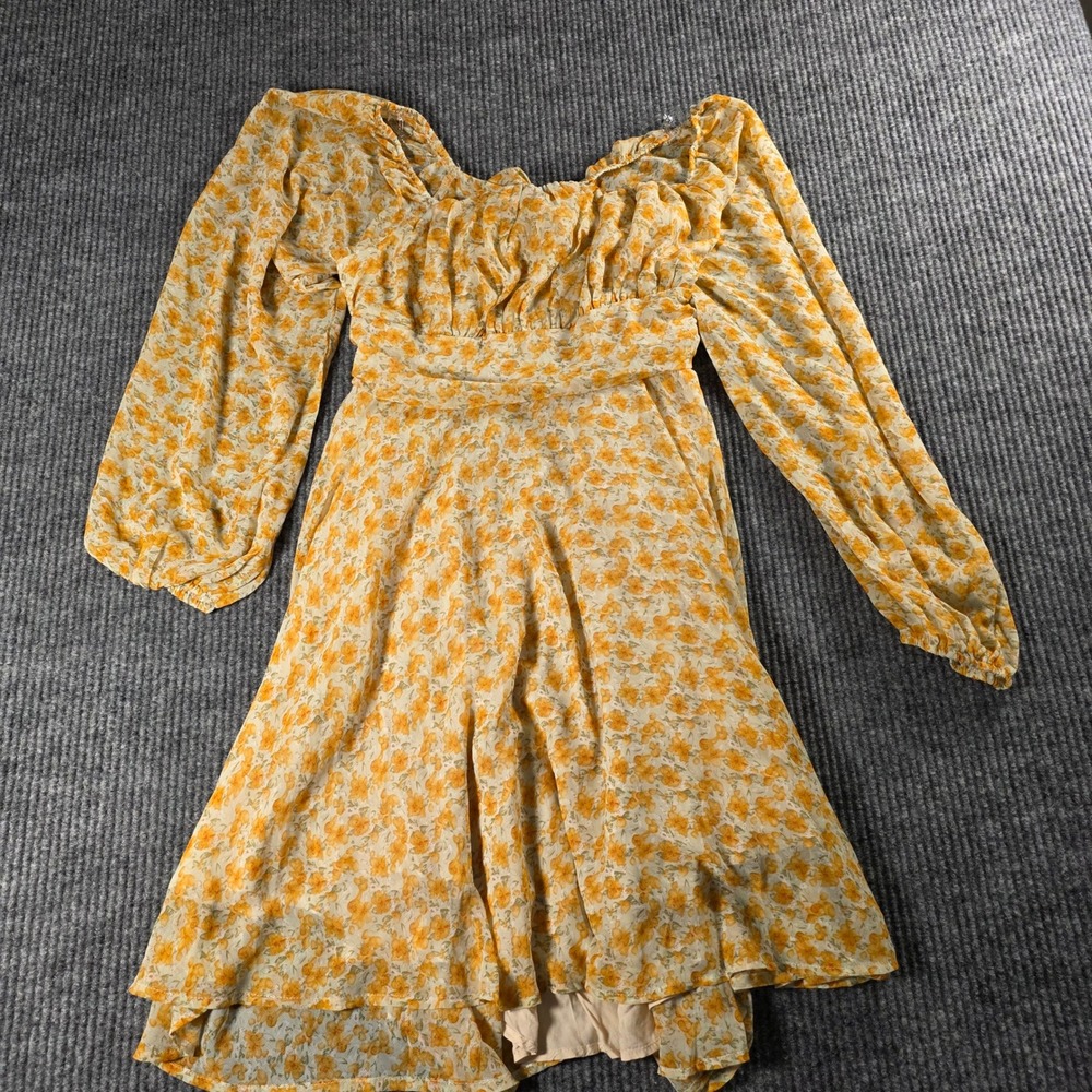 Blush & Day Yellow Floral Mini Dress Balloon Sleeve‎ Tie Back Cutout Womens 2XL
